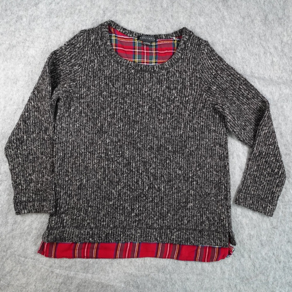 Sanctuary Sweater Women Large Black Mixed Media Plaid Hem Knit Long Sleeve
